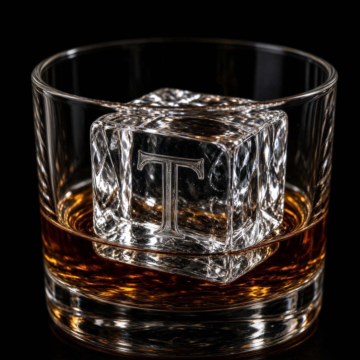 Engraved crystal-clear ice cube in a rocks glass