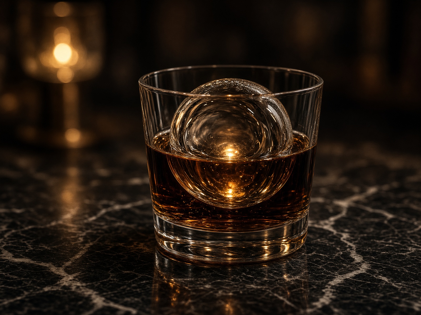 Crystal-clear ice sphere in a whiskey glass